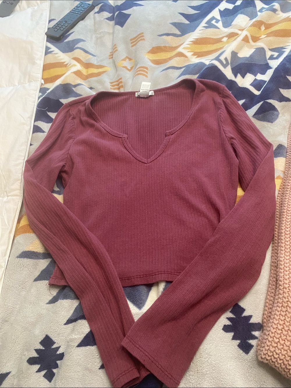 Bozzolo Ribbed V-Neck Long Sleeve Top - Plum